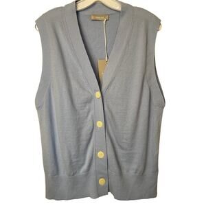 NWT EVERLANE Sweater Vest Organic Cotton Wool Blend Large Steel Blue Button Up
